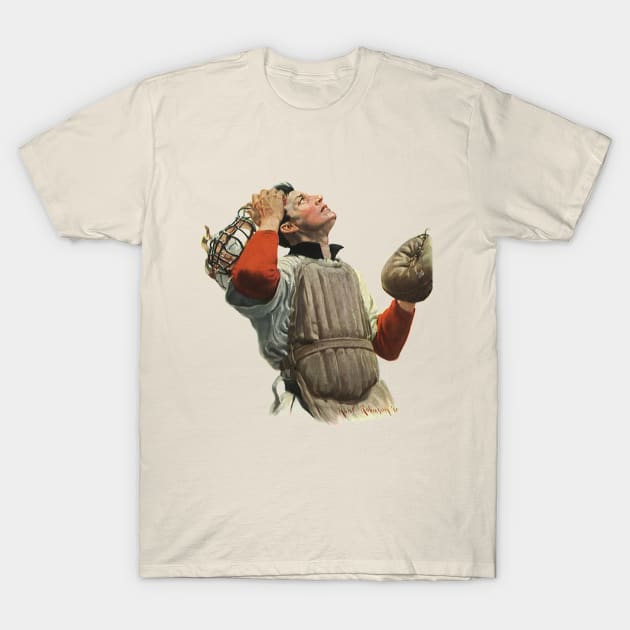 Vintage Sports Baseball Player, Confused Catcher Looking Up T-Shirt by MasterpieceCafe